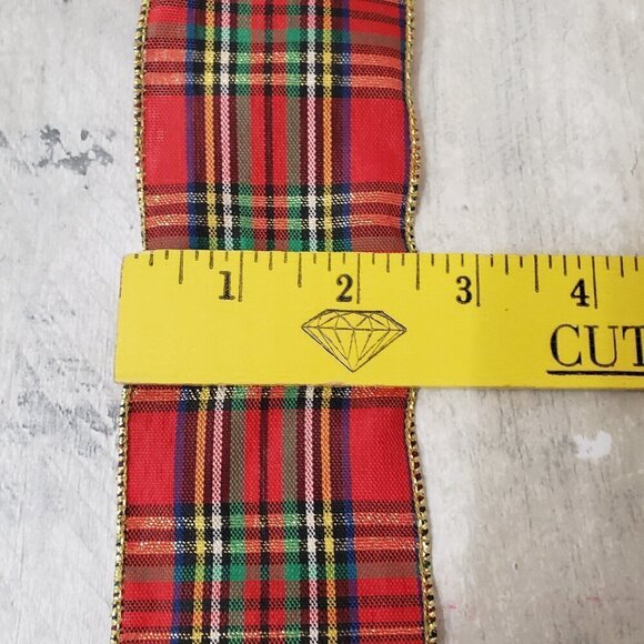 9.5 Yards of Wired 2.5" Wide Red Plaid Gold Edge Ribbon (unused) - Picture 2 of 2